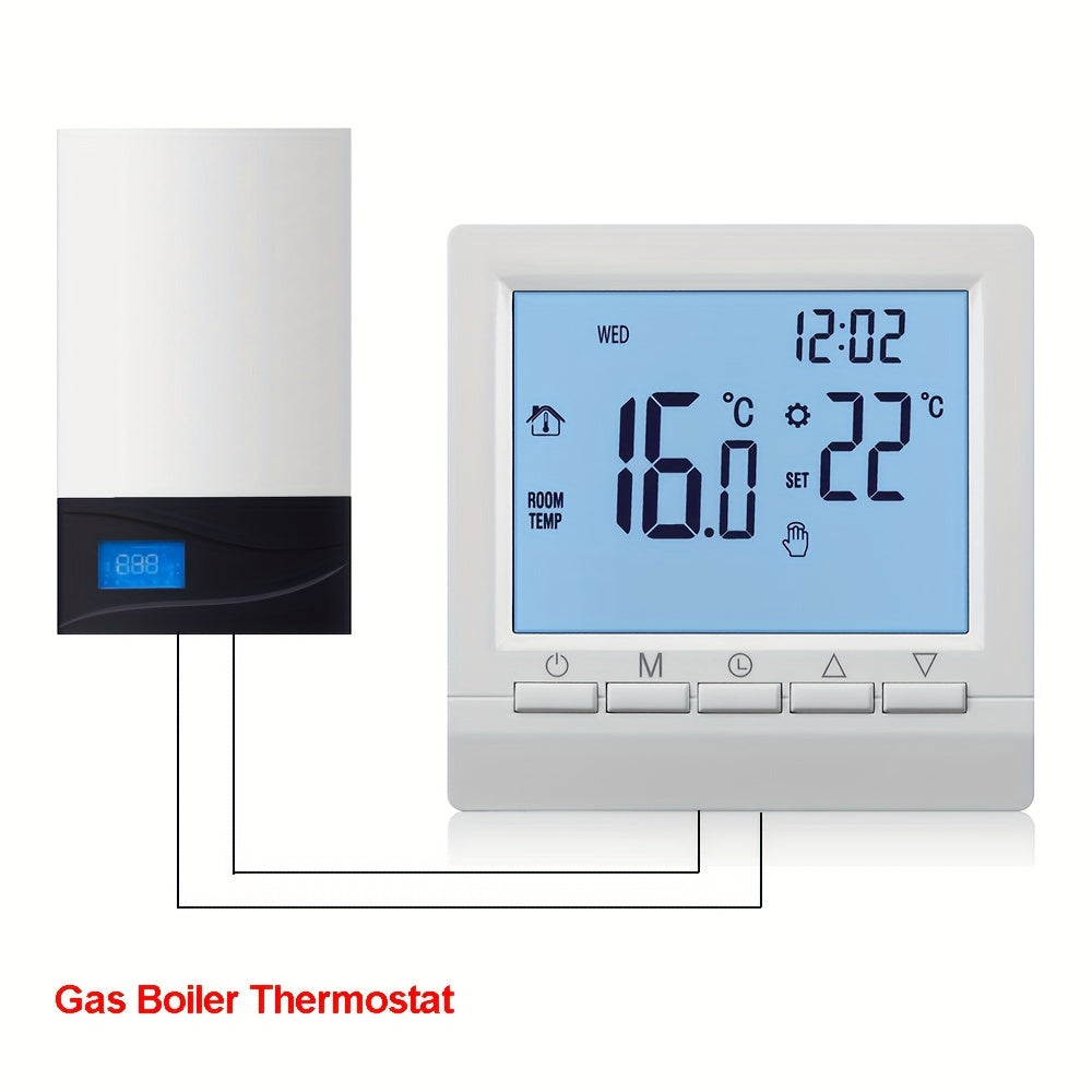 1-piece hand-controlled gas boiler thermostat with AA battery lock and smart temperature controller.