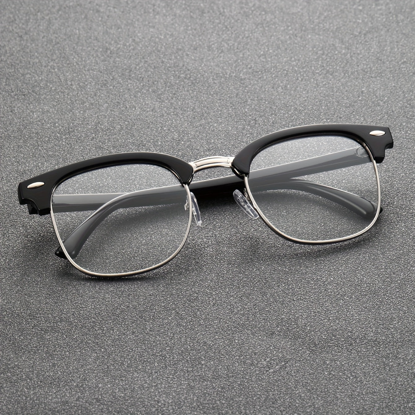 Men's classic fashion glasses in black semi-rimless style with TAC lenses, casual design, metallic accents, suitable for everyday use and stylish frame with comfortable fit.