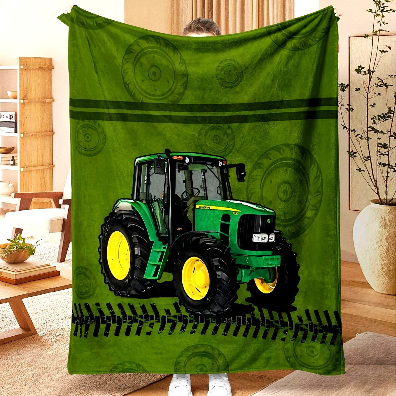 Cozy up with this Soft Tractor Print Flannel Throw Blanket - Ideal for Bedroom Decor, Shawl Wrap, or Birthdays!