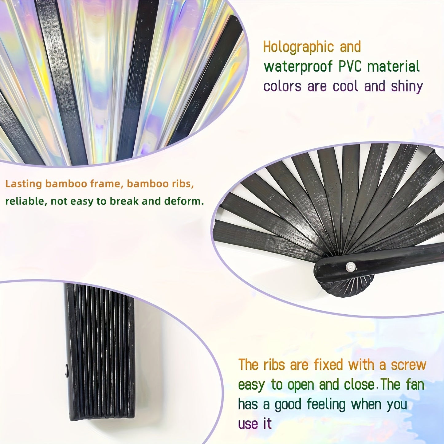 Handheld Party Fan - Vibrant colors make it perfect for festivals, rainbow outfits, disco parties, and dancing. Made of high-quality wooden material, this large folding fan is a stylish accessory to keep you cool at any event.