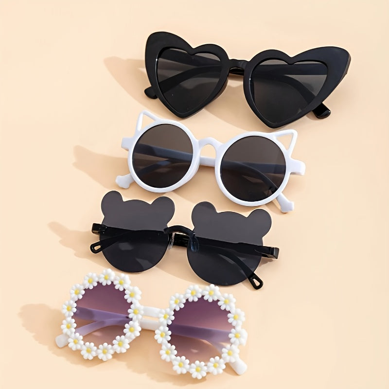 Set of 4 trendy heart and bear ear shaped glasses for teens in white and black. Great for outdoor activities and parties, with durable PC frames. Perfect for gifting on holidays and