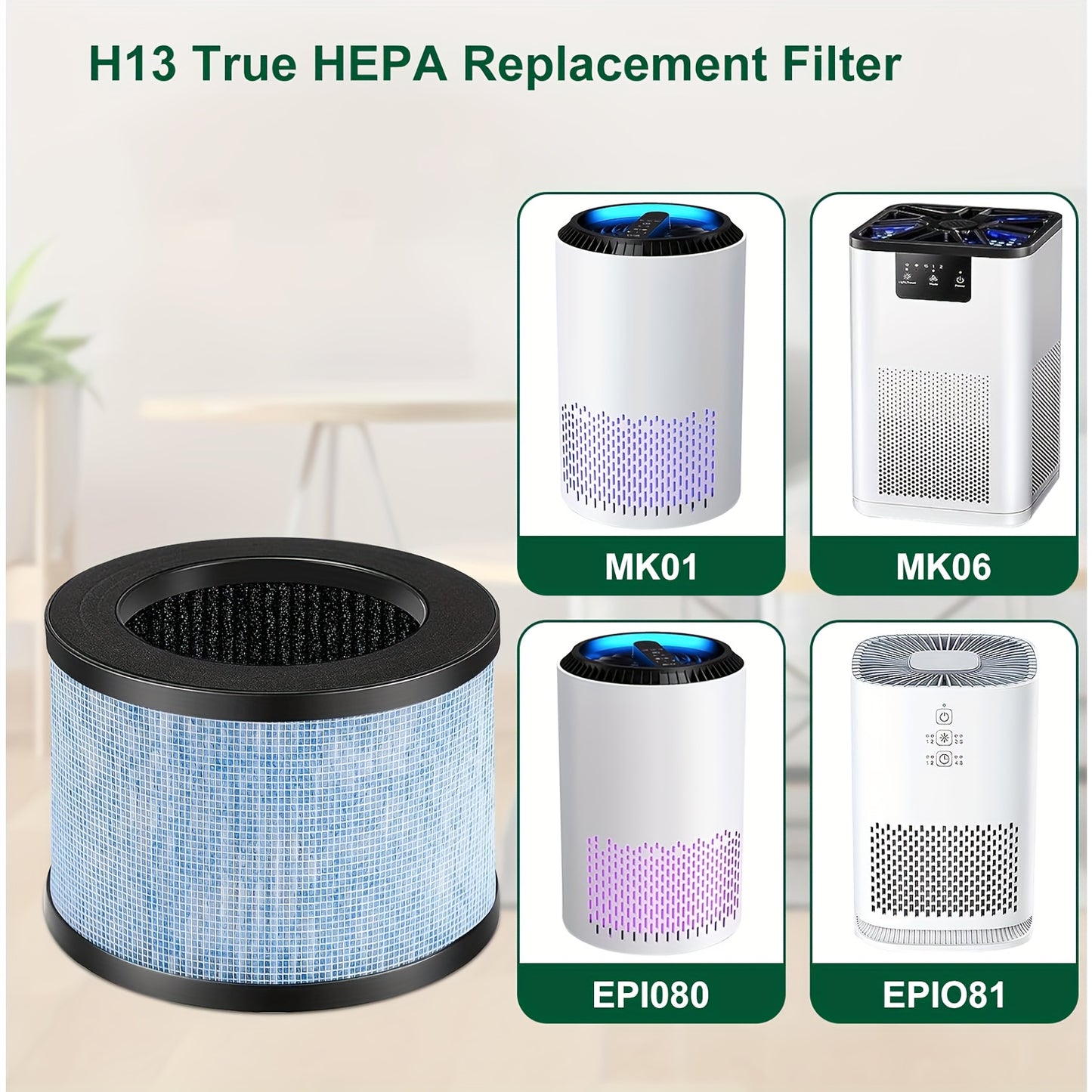 4-Pack of H13 True HEPA Replacement Filters for Air Purifiers, Compatible with multiple models, made with high-efficiency plastic material.