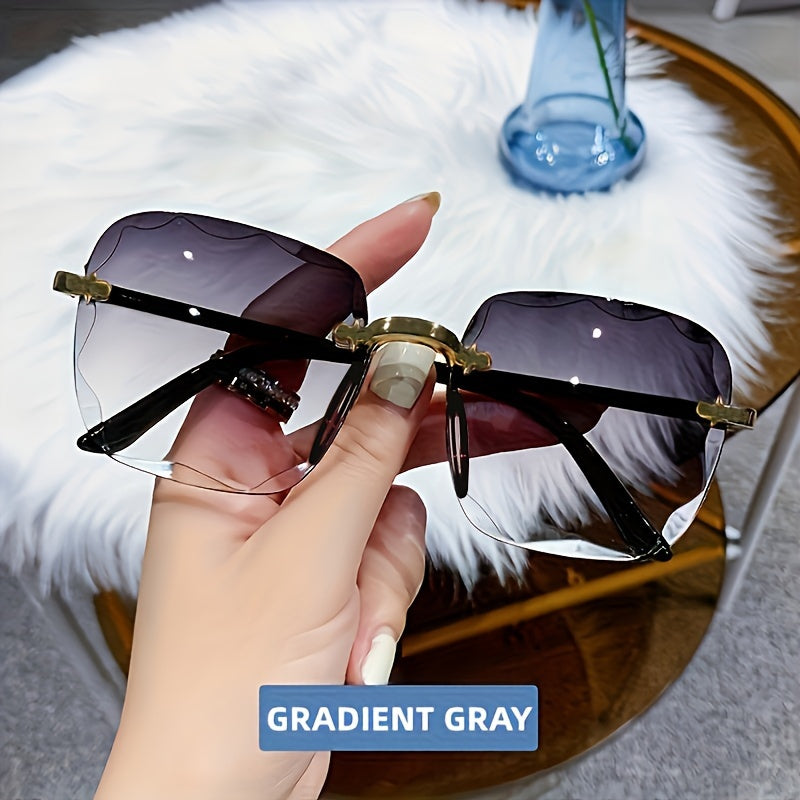 Women's square frameless dress-up glasses with gradient colored lenses and fashionable cut edges.