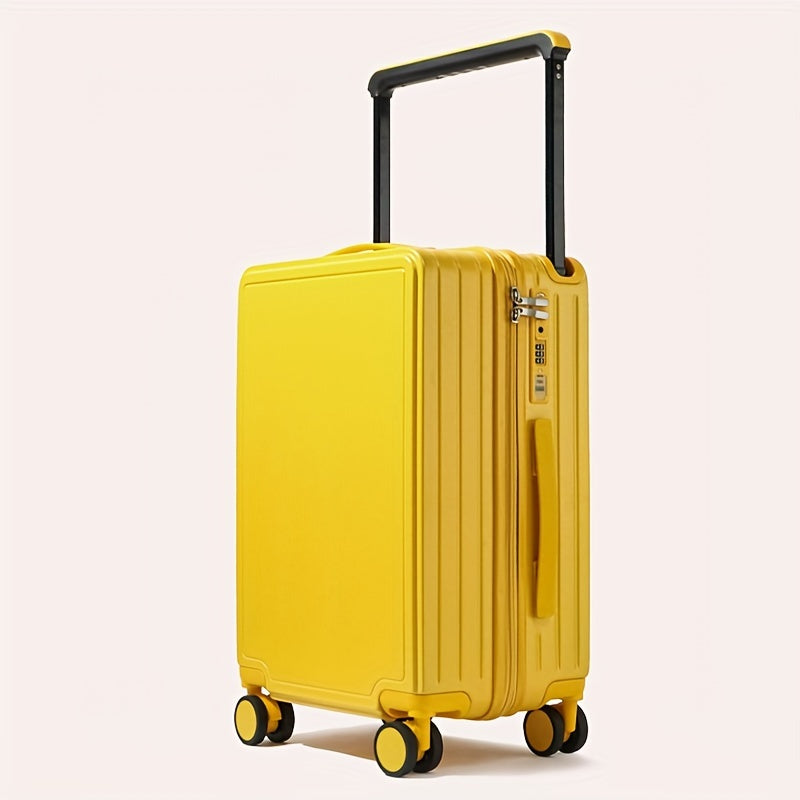 Fashionable hard shell luggage with aluminum handle, TSA lock, cup holder, USB port, spinner wheels, and laptop sleeve. Made of PC material with zipper closure.