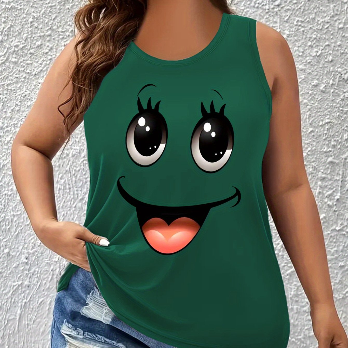 Plus size women's maroon tank top with joyful face print, sleeveless round neck design made from stretchy polyester blend. Machine washable.