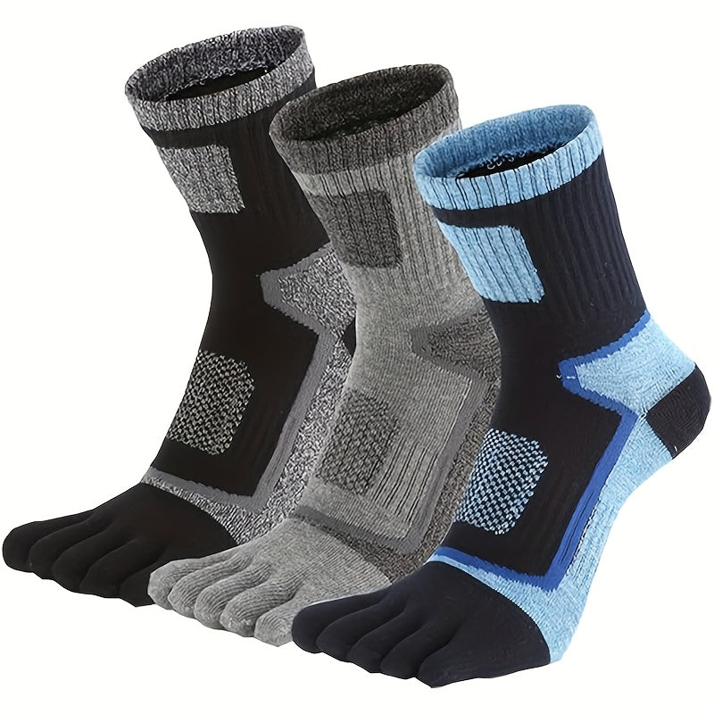 Three pairs of men's five-toe sports socks, sweat-absorbing and durable for cycling, sailing, and outdoor hiking. Medium-length, one size fits all (7-11), sweat-resistant.