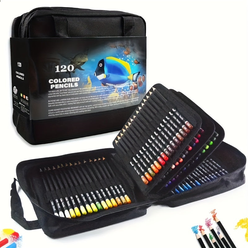 120 mixed color oil-based colored pencils in a wooden case, with a portable zipper bag and handle for artists and hobbyists.