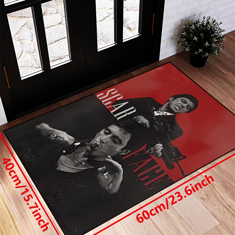 Area rug featuring a scarred man with a cigar and gun design, made of durable polyester, non-slip, and machine washable. Perfect for use in the living room, bedroom, hallway, or even outdoor spaces. Available in various sizes: 15x23, 19x31, 31x47, 39x59