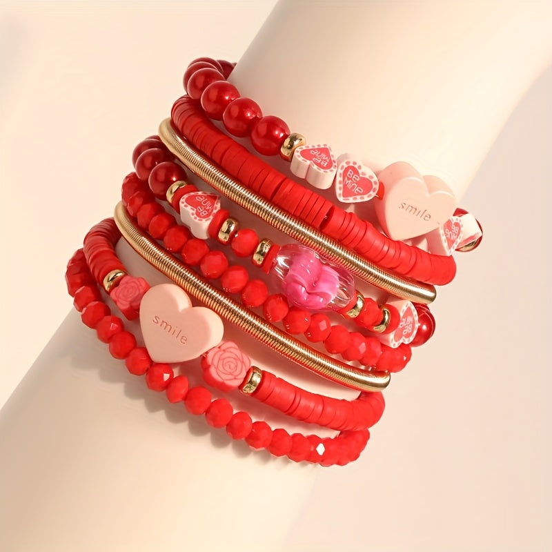 Handcrafted Bohemian Red Heart Beaded Bracelet with Multiple Layers - Ideal Valentine's Day Jewelry for Women, Versatile for Everyday or Special Occasions, Beadwork Design, Valentine's Day Gift