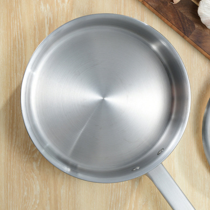 Three-piece set of stainless steel cookware includes a durable soup pot with double handles, a saucepan with a single handle, and a frying pan. All pieces are heat-resistant, easy to clean, and feature visual lids and hollow handles for added convenience.