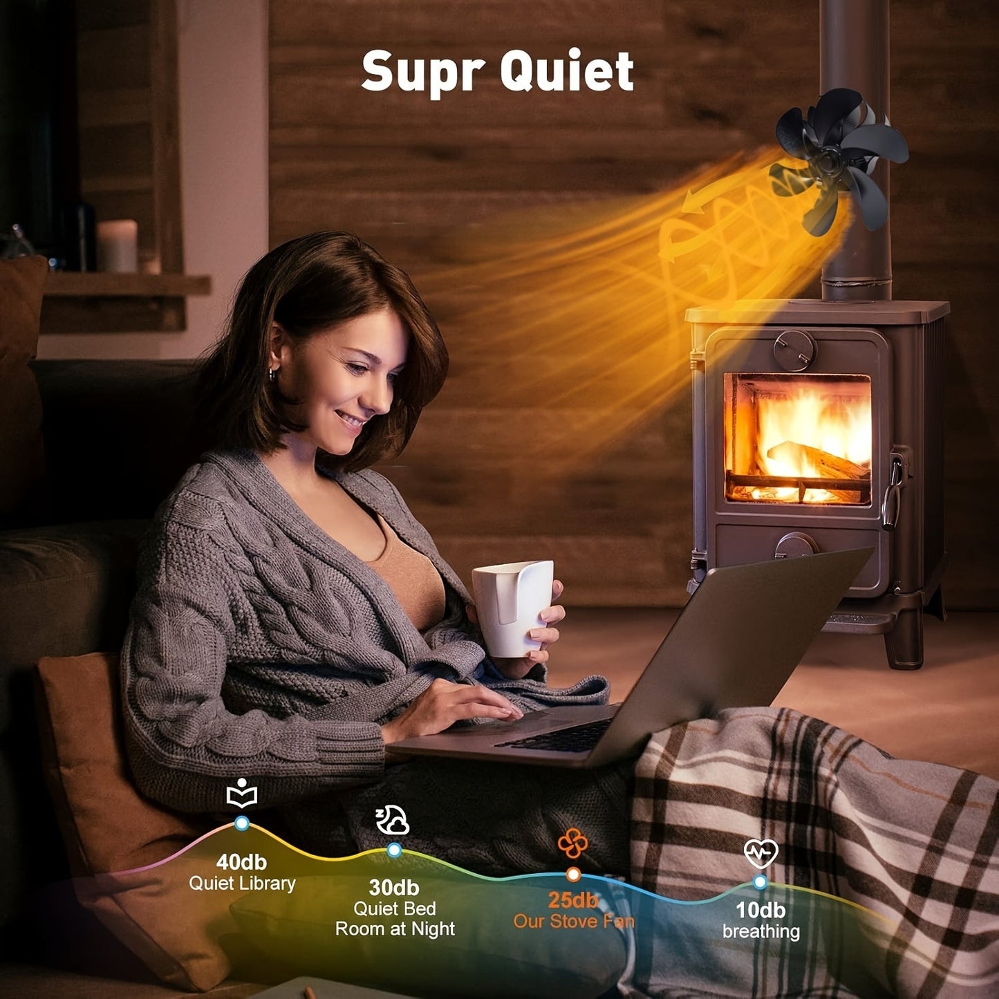 Enhanced Chimney-Mounted Wood Stove Fan - Improved Heat Distribution with 6 Quiet Blades, Perfect for Log and Firewood Burning, Operates Without Electricity