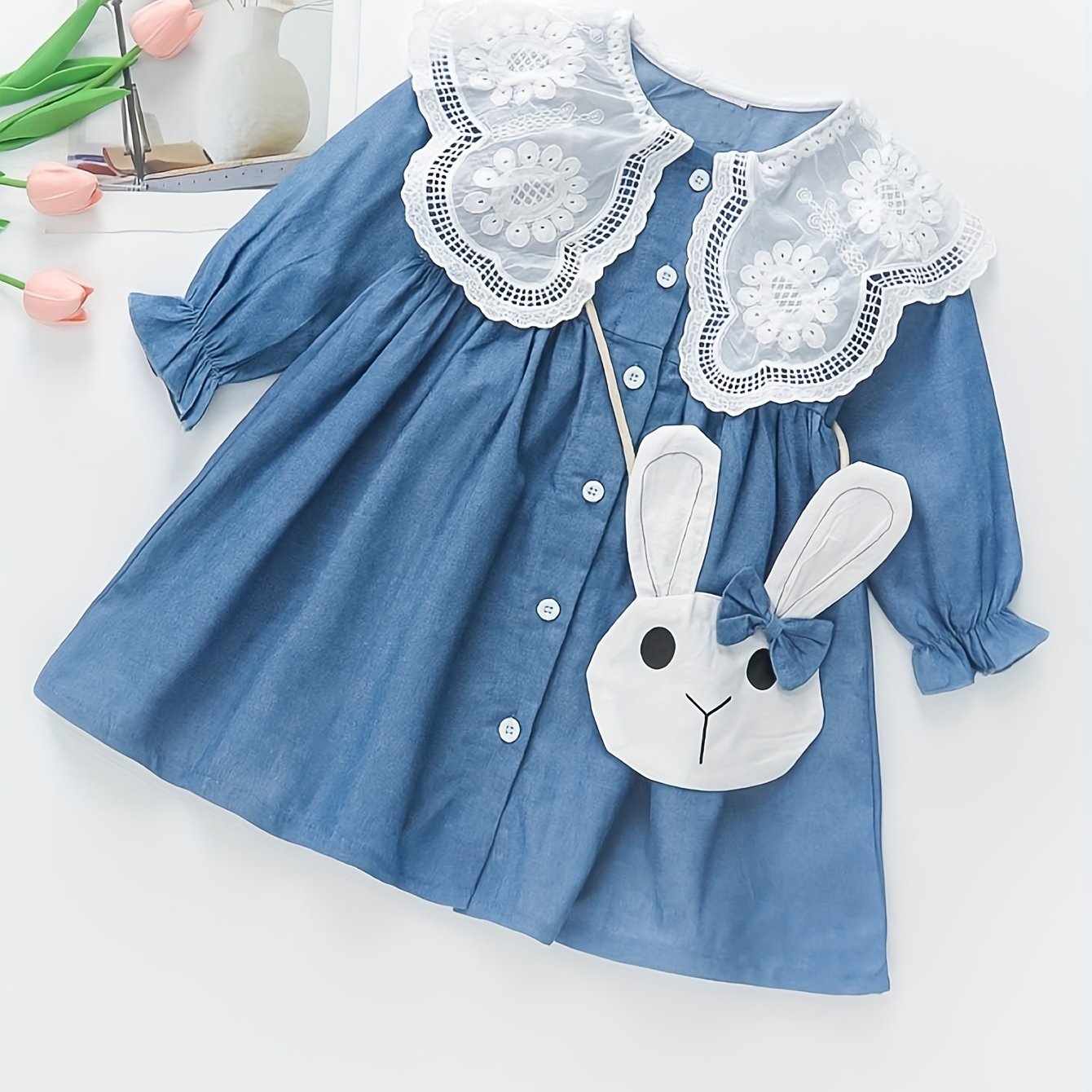 Adorable bunny accessory dress for girls - long sleeve, princess style, perfect for spring/fall.