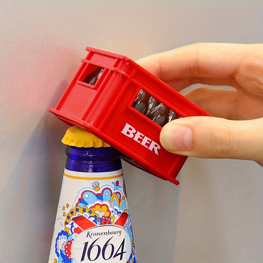 Magnetic beer bottle opener doubles as a decorative fridge magnet.