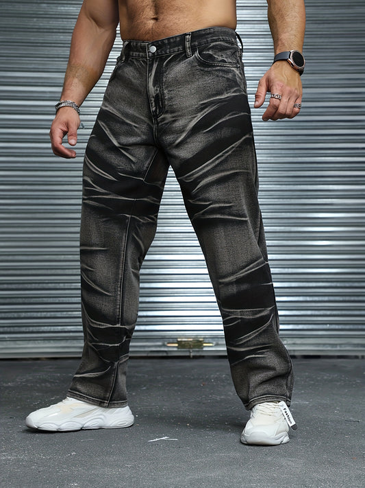 Men's plus size tie-dye denim jeans with unique asymmetrical design