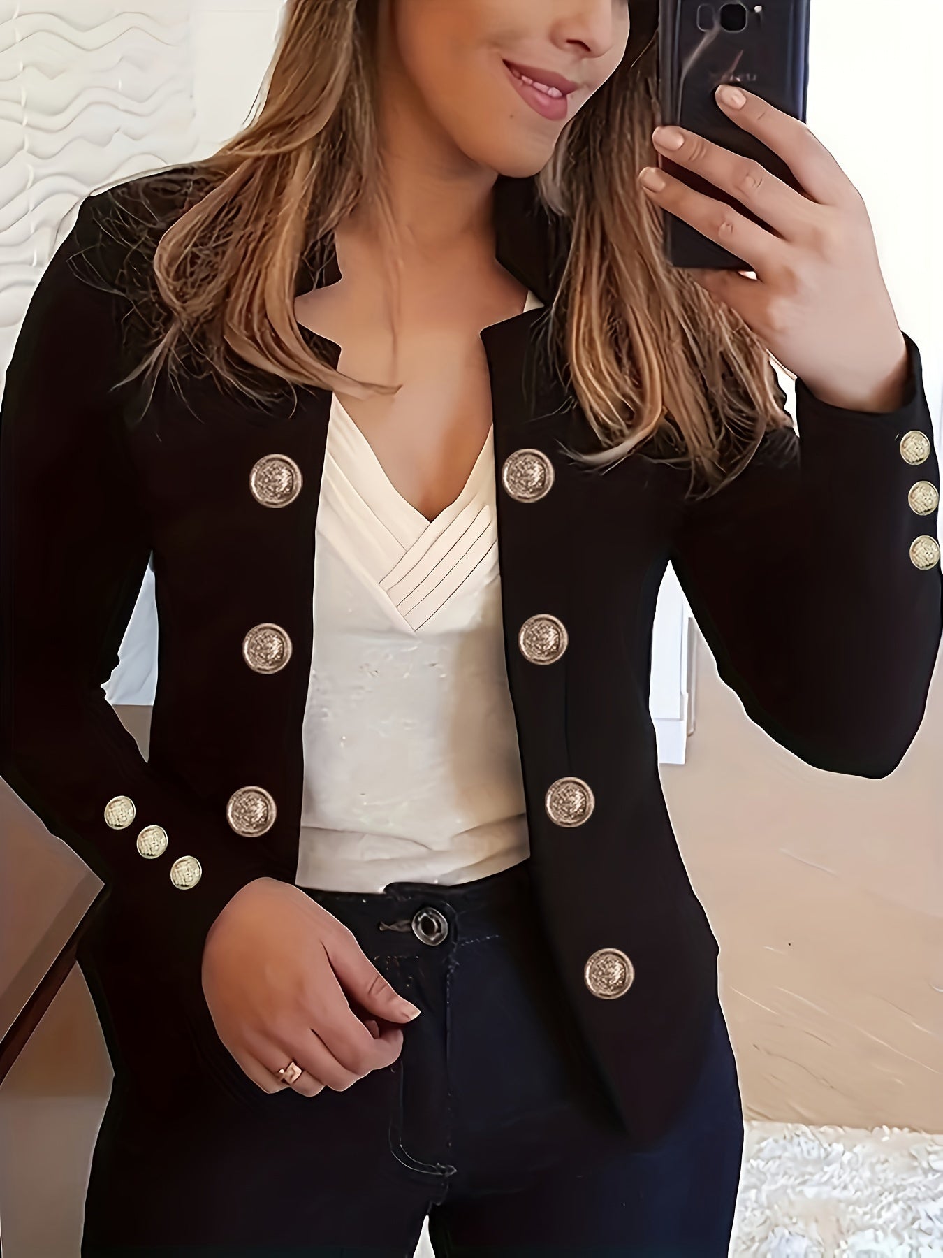 Elegant solid color women's knit jacket with double-breasted front and cuff buttons.