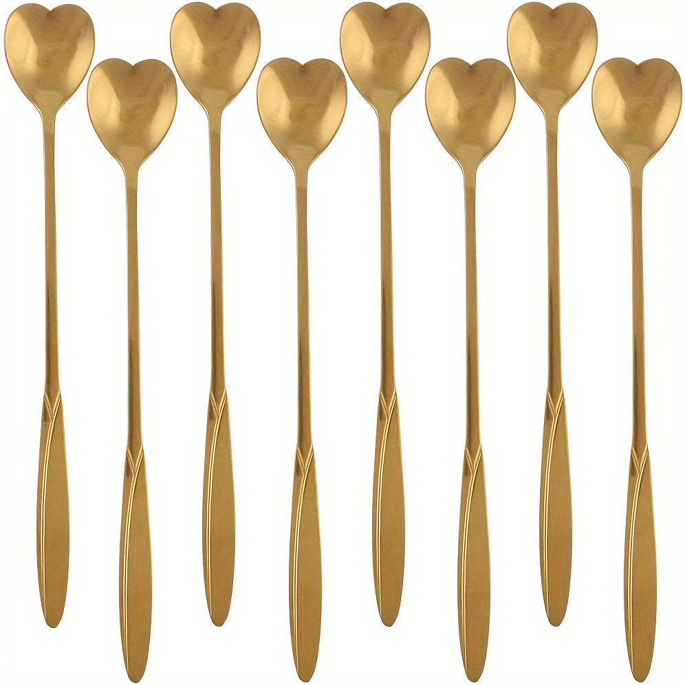 Set of 8 adorable heart-shaped coffee spoons, with a shiny mirror finish and long handles. Made of stainless steel, suitable for stirring drinks, desserts, and cocktails. Ideal as a gift for a loved one, perfect for tea parties, coffee bars, weddings