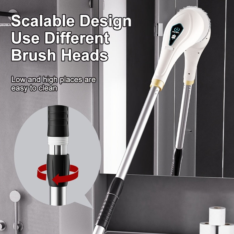 Set of 8 Multi-Functional Electric Cleaning Brushes, featuring Cordless 2-Speed Rotating Scrubber with Adjustable and Detachable Handle. Includes Replaceable Brush Heads and is designed for use in the Bathroom, Toilet, Tile, and Floor. Equipped with a