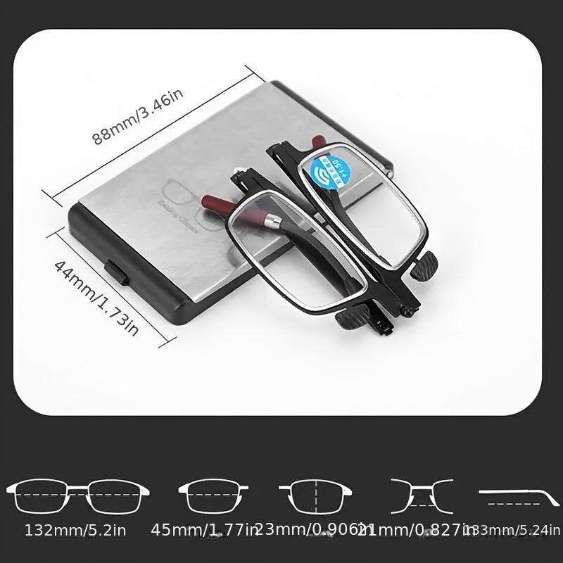 Compact folding reading glasses with smartphone attachment - ultra-thin metal frame, anti-blue light HD lenses, portable and durable for men and women. Features minimalist design, durable