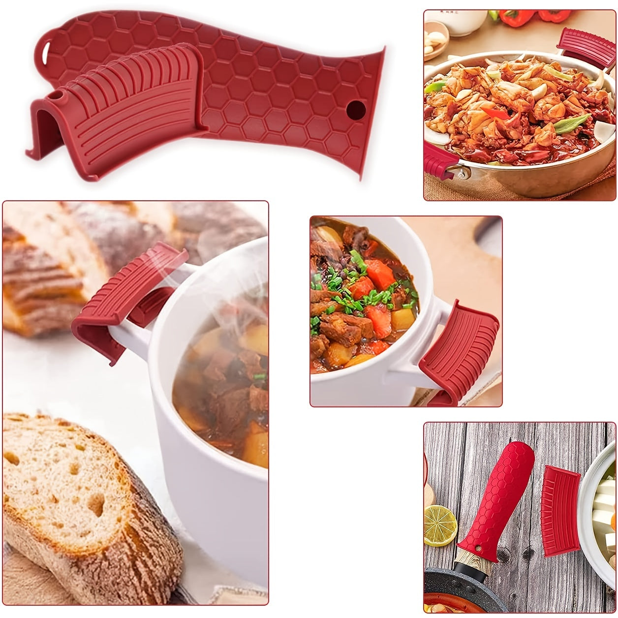 Set of 6 Cast Iron Handle Covers with Silicone Hot Handle Holder for Heat Resistant Pot Handles. Includes 2 Handle Covers and 4 Auxiliary Handle Holders that are Dishwasher Safe. Non-slip Rubber Cover perfect for Flat Bottom Pots and Grill Kitchenware in