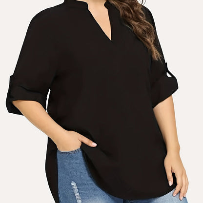 V Neck Long Sleeve Blouse for Spring & Fall, Plus Size Solid, Women's Clothing