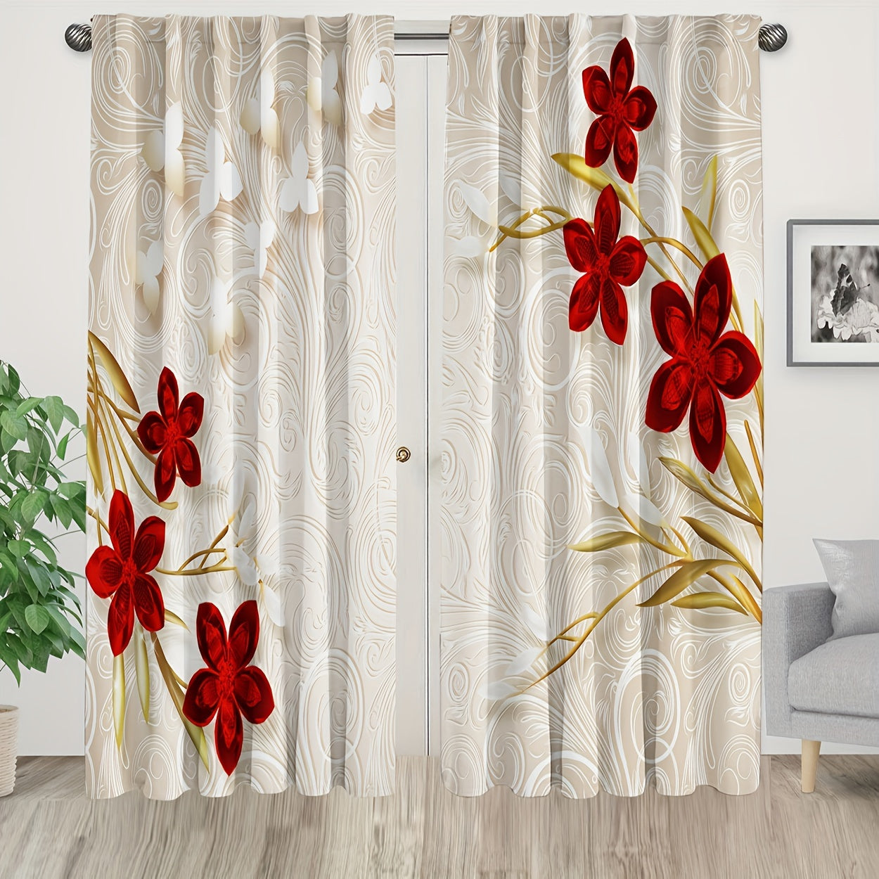 Two pieces of floral printed curtains with rod pocket design for windows, perfect for bedroom or living room window treatments and home decoration. Enhance the room decor with these beautiful drapes.