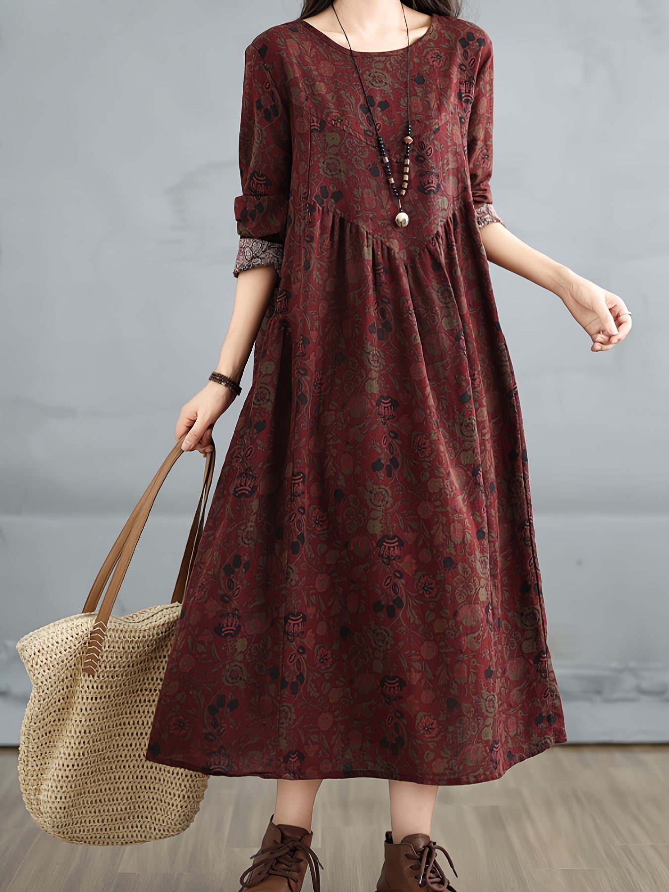 Chic vintage floral linen dress with long sleeves, round neck, A-line silhouette, pockets, non-stretch fabric, street style, loose fit, slimming design. Hand or dry clean only.