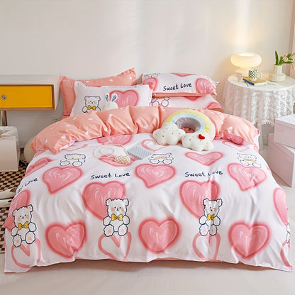 Four Seasons bedding set with Love Bear print, includes quilt cover, pillowcases, and fitted sheet. Soft, breathable, machine washable.