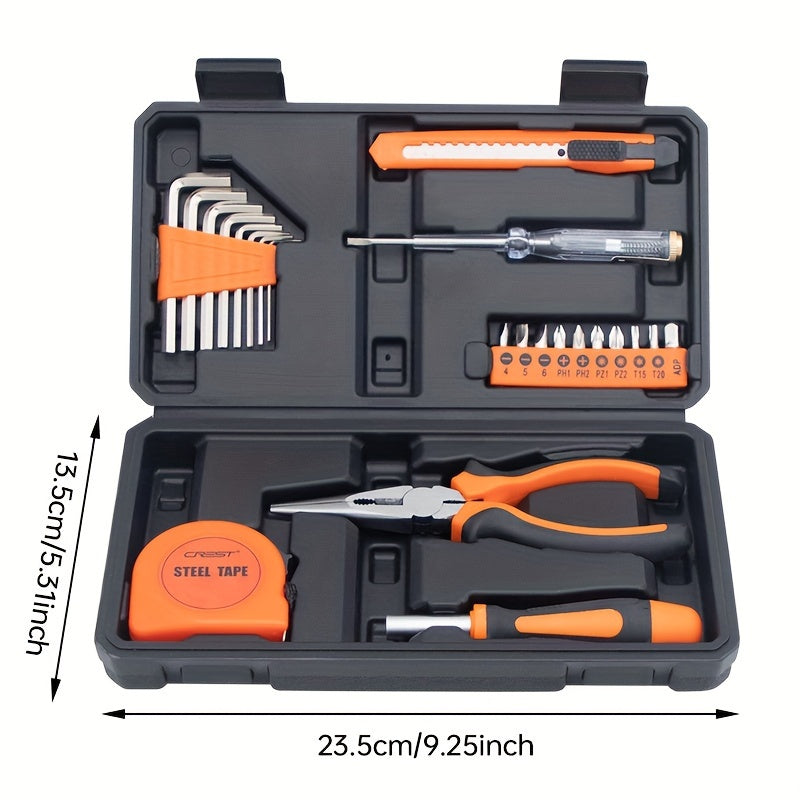 23-piece home repair tool kit in plastic case, multi-functional hand tools for household maintenance, manual hardware tools without battery.