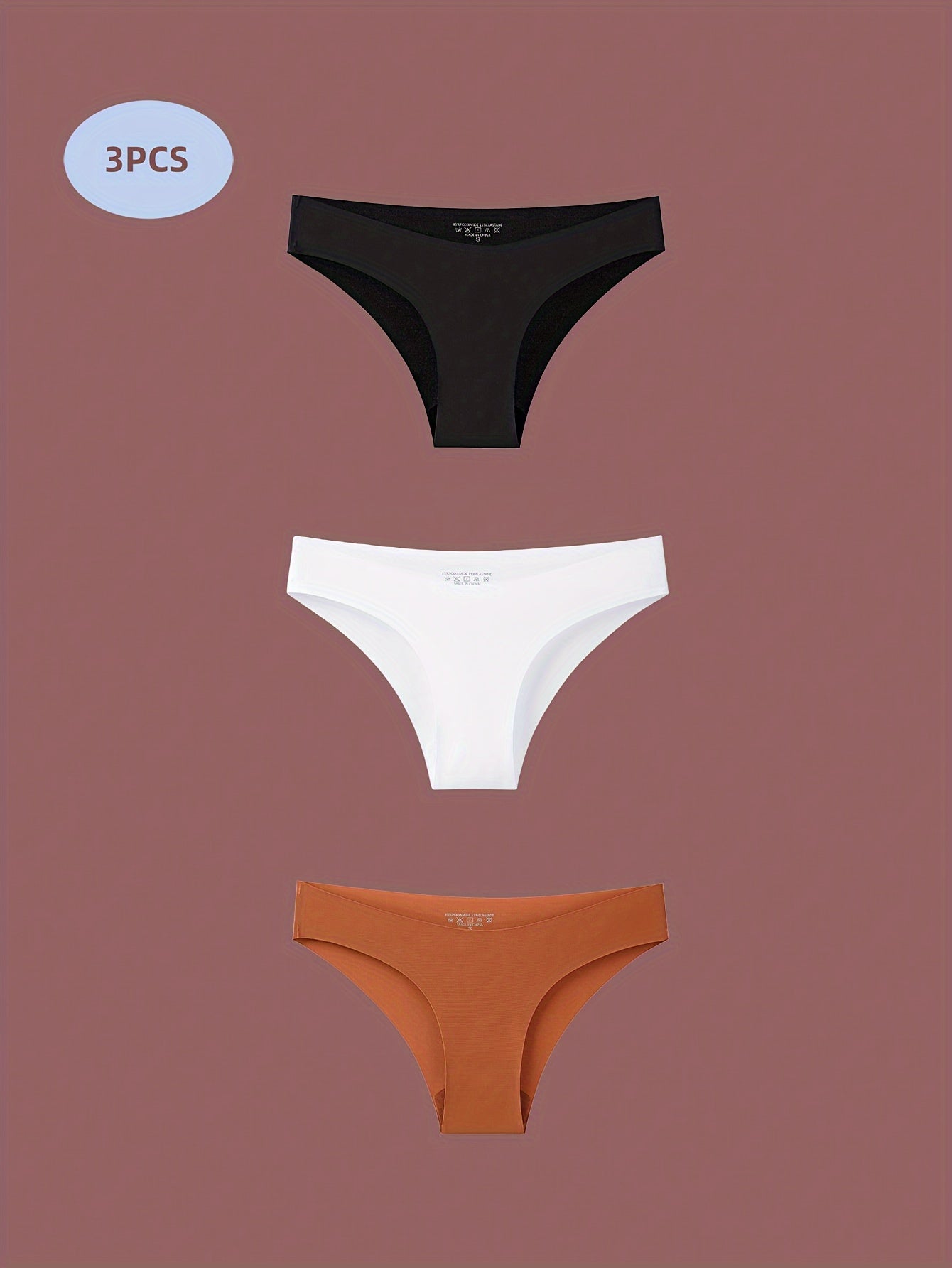 Three sexy seamless panties in solid colors with U-shaped waistband for comfortable fit, made of 85% polyamide and 15% elastane knit fabric. Each piece weighs 160g, sold as a set of 3.