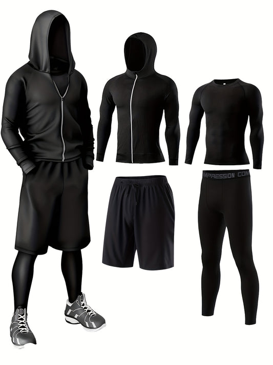 Men's athletic sportswear set includes crew neck hoodie, shorts, and leggings made of breathable, quick-dry polyester and elastane for running and fitness.