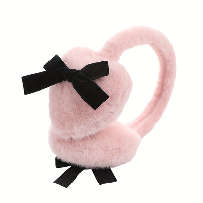 Stylish Women's Plush Heart-Shaped Earmuffs adorned with a Black Bow - keeping you Fashionably Cozy & Warm this Winter