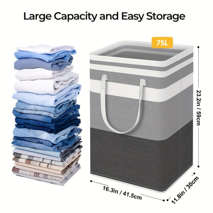 Graduated Grey Laundry Basket with Waterproof and Freestanding Design - This Collapsible Tall Clothes Hamper features Extended Handles for Easy Transport of Clothes and Toys in the Dorm and Family - 75L Capacity.