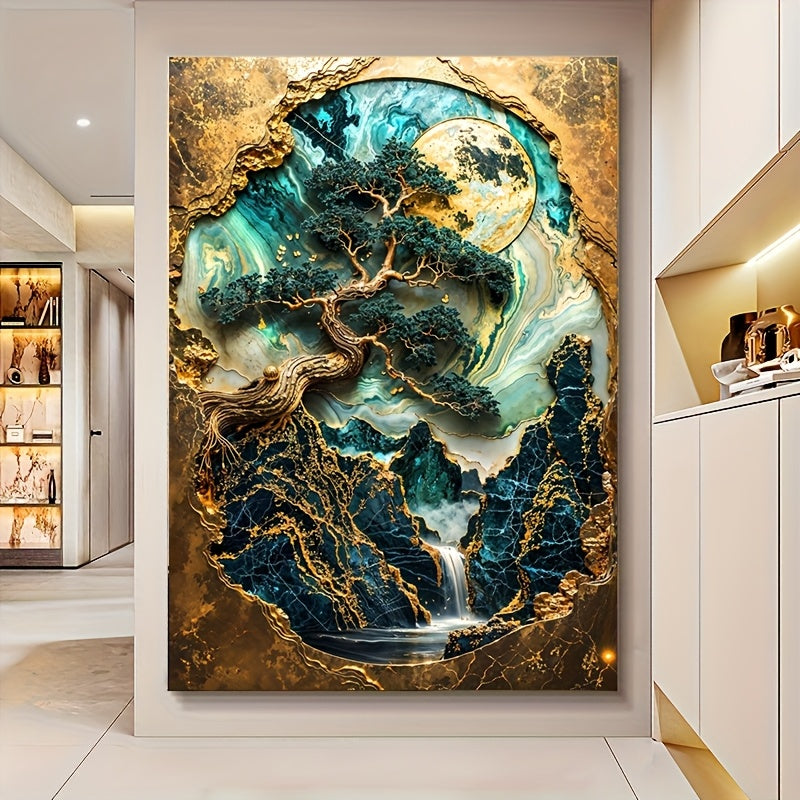 Frameless golden bonsai sanctuary wall art, modern abstract canvas print, 79.98x119.99cm, for bedroom and living room décor, other materials, no frame.