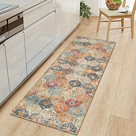 Vintage Moroccan Boho Floral Printed Kitchen Floor Mat, Non-slip and Oil-proof. Perfect for keeping your floors dry and clean. Hand wash only. Suitable for use in the entrance, kitchen, living room, laundry, bathroom, and as home decor.