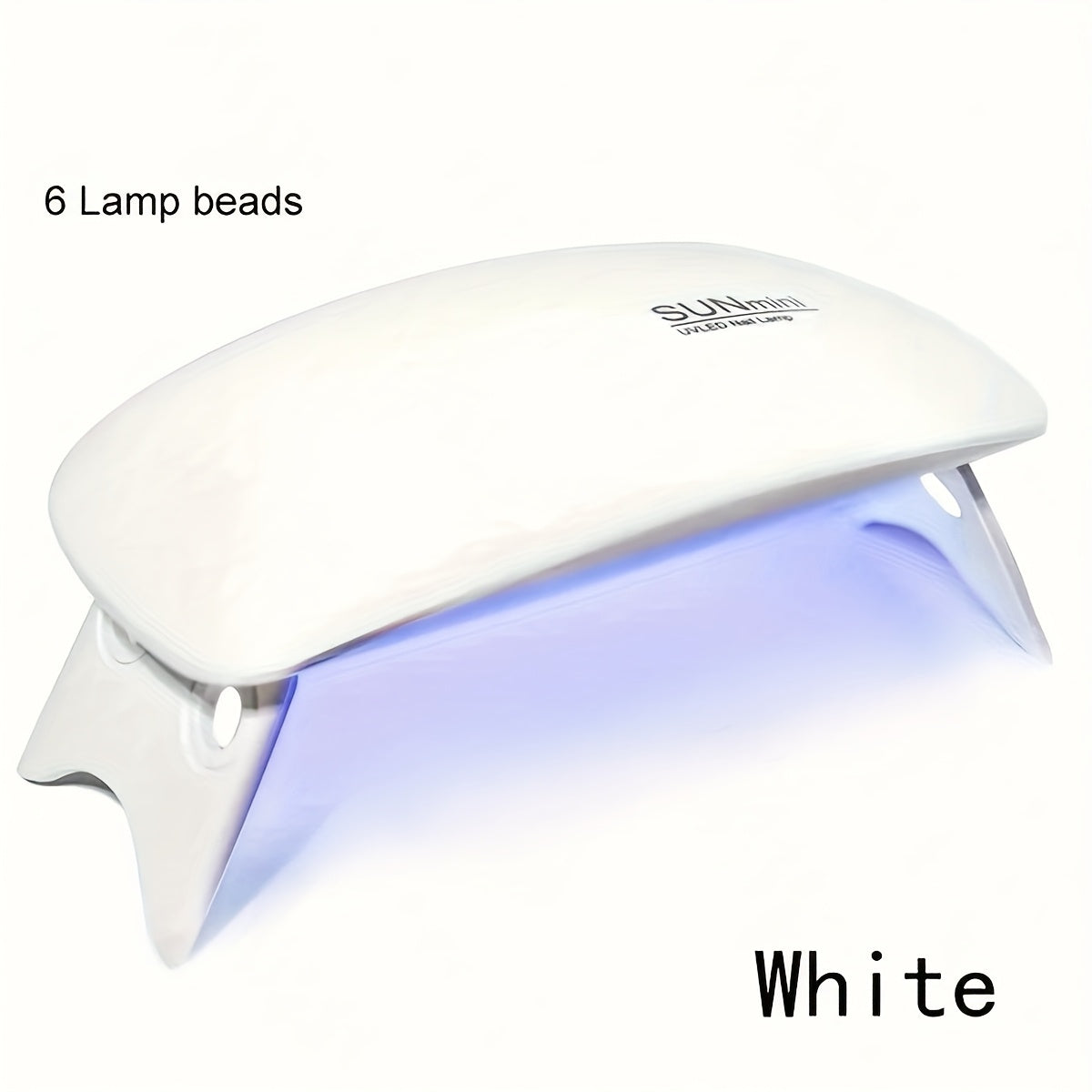 Compact USB-powered nail dryer lamp with foldable design and 6 UV/LED beads for fast gel polish drying on hands and feet.