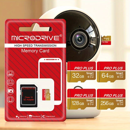 MICRODRIVE High-Speed Memory Card in Red & Gold, U3 Class 10, 8GB to 256GB, with SD Adapter. Perfect for Phones, Tablets, Cameras. Expands Device Memory. Gold Accents, Durable Design.