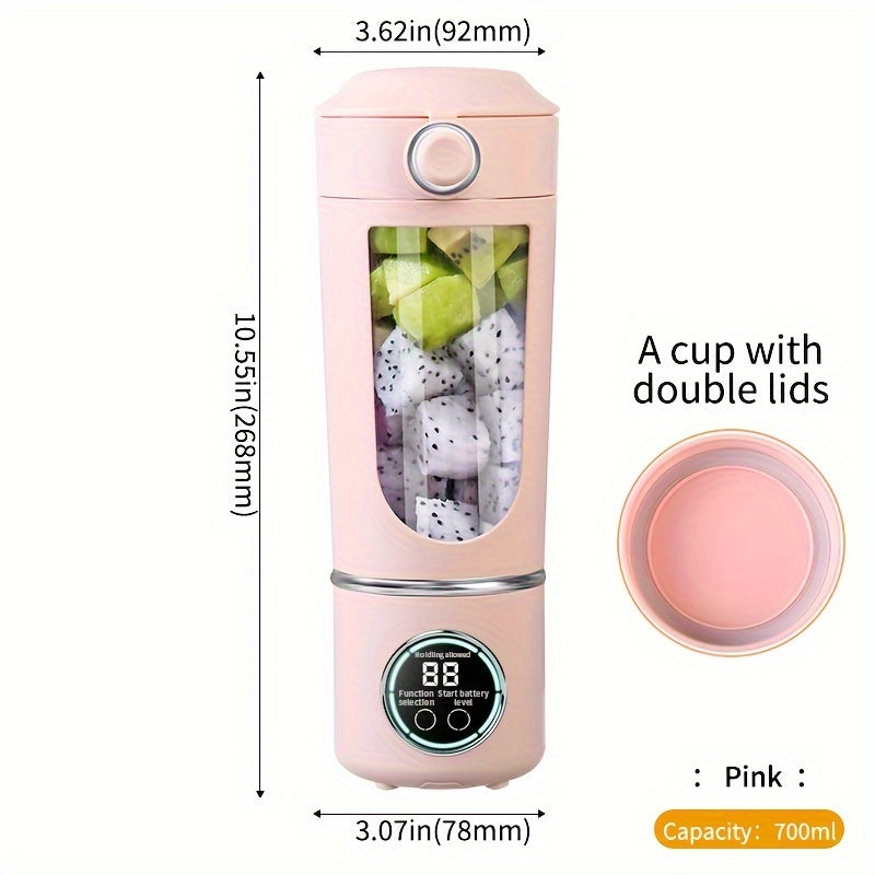 Portable juicer with digital display, compact design, and USB rechargeable battery. Suitable for making smoothies, milkshakes, and fresh fruit juice. Features easy-cleaning 12-blade system, double lid, and ice crusher. Perfect for travel and on-the-go