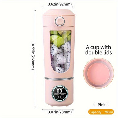 Portable juicer with digital display, compact design, and USB rechargeable battery. Suitable for making smoothies, milkshakes, and fresh fruit juice. Features easy-cleaning 12-blade system, double lid, and ice crusher. Perfect for travel and on-the-go