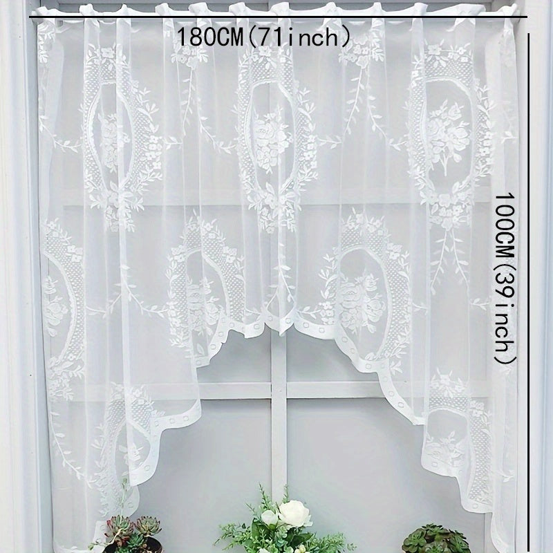 Add a touch of elegance with this American country style sheer curtain, featuring a floral lace half-curtain design with rod pocket. Made of semi-transparent polyester, this curtain is perfect for both kitchen and living room. Machine washable for easy