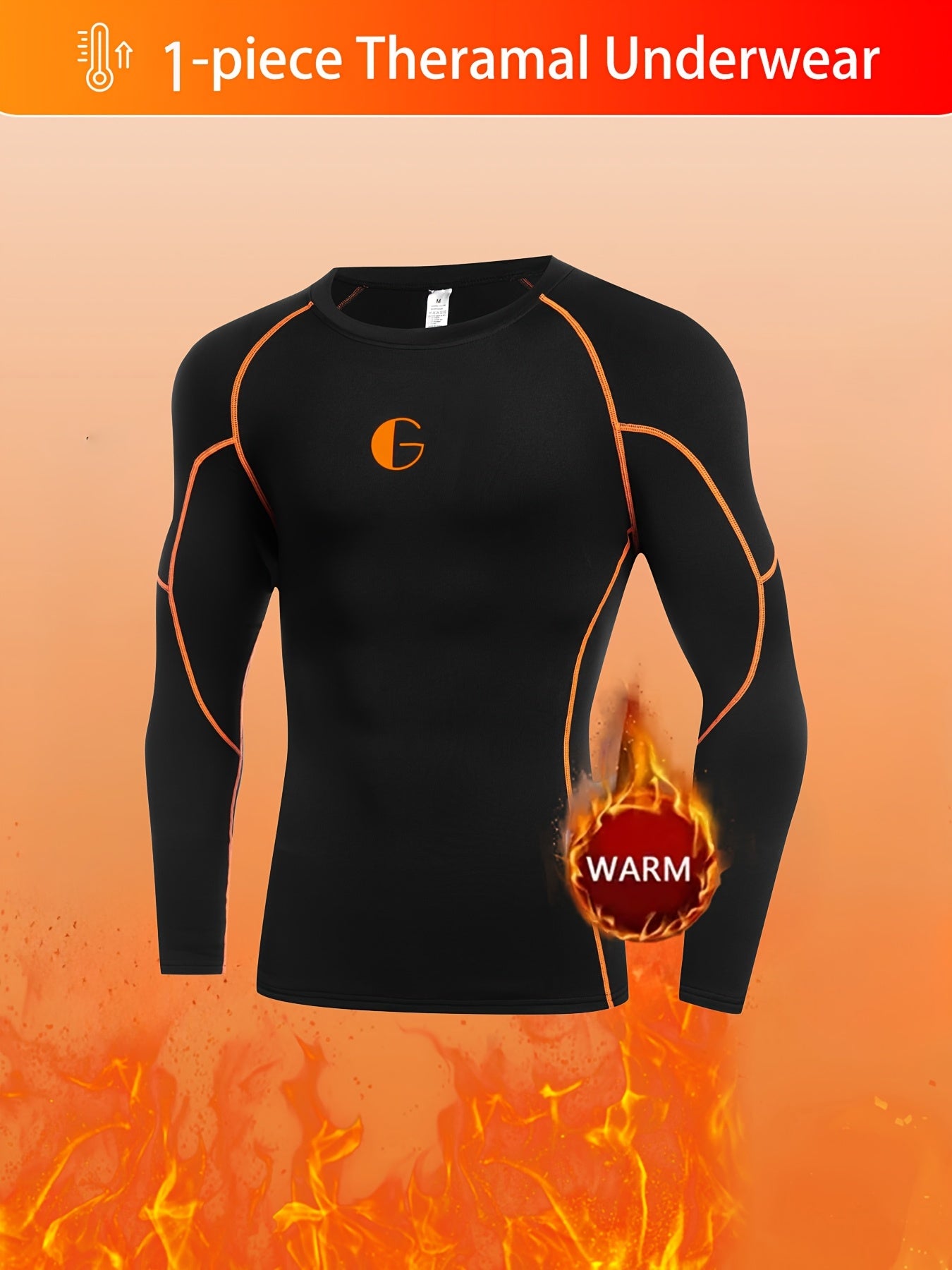 Men's thermal long-sleeve shirt with fleece lining in black with orange logo, made of high-elastic polyester blend for cold weather. Ideal for outdoor sports, skiing, and hiking. Features a