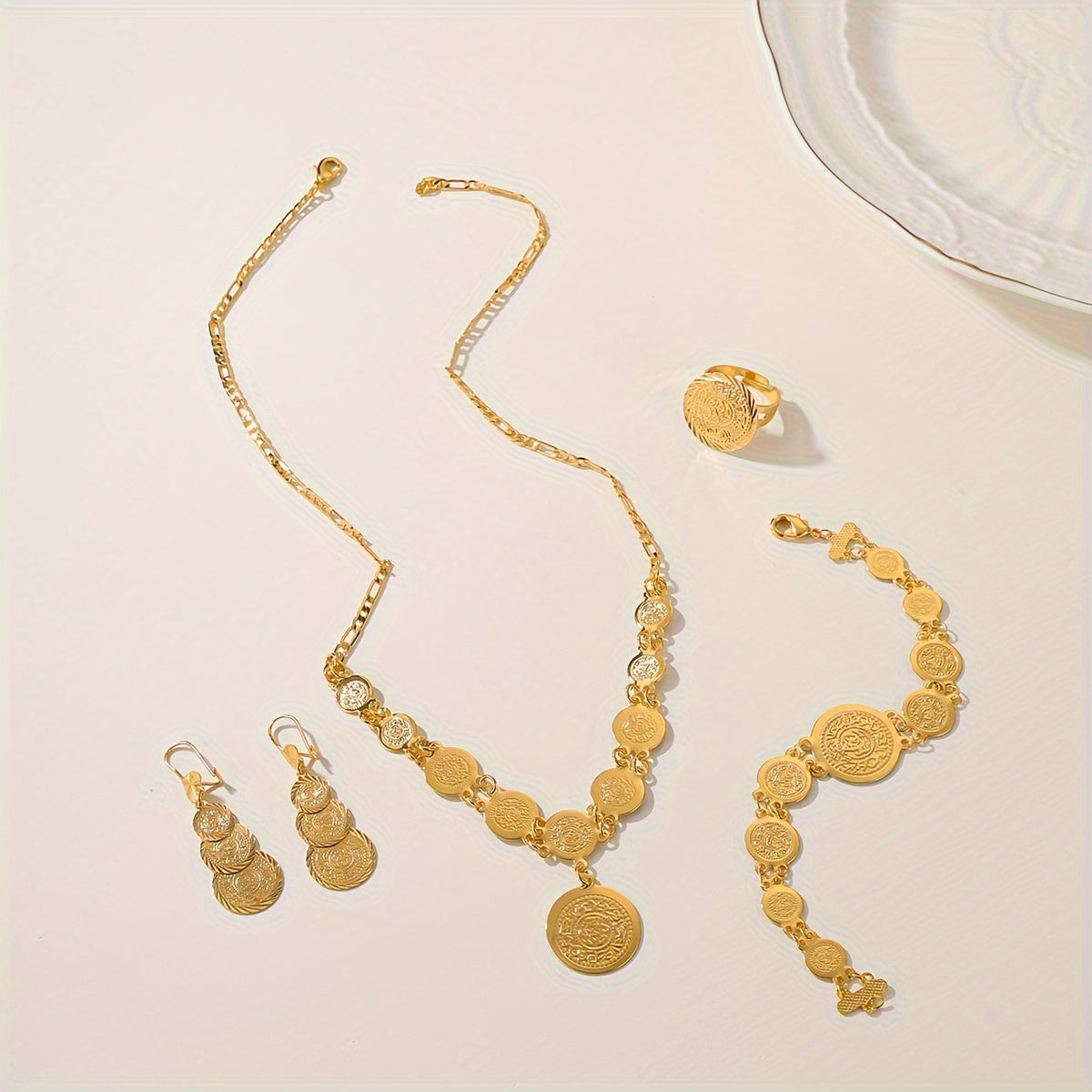 Vintage coin jewelry set with 18K plating, including a fashionable copper necklace, earrings, ring, and bracelet combo. Features an exquisite retro charm, perfect for casual daily wear as a universal season accessory.