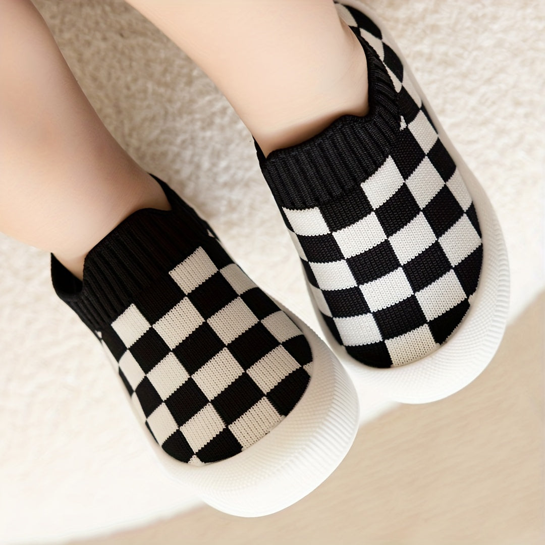 Plaid slip-on woven shoes for baby boys, perfect for indoor and outdoor comfort.