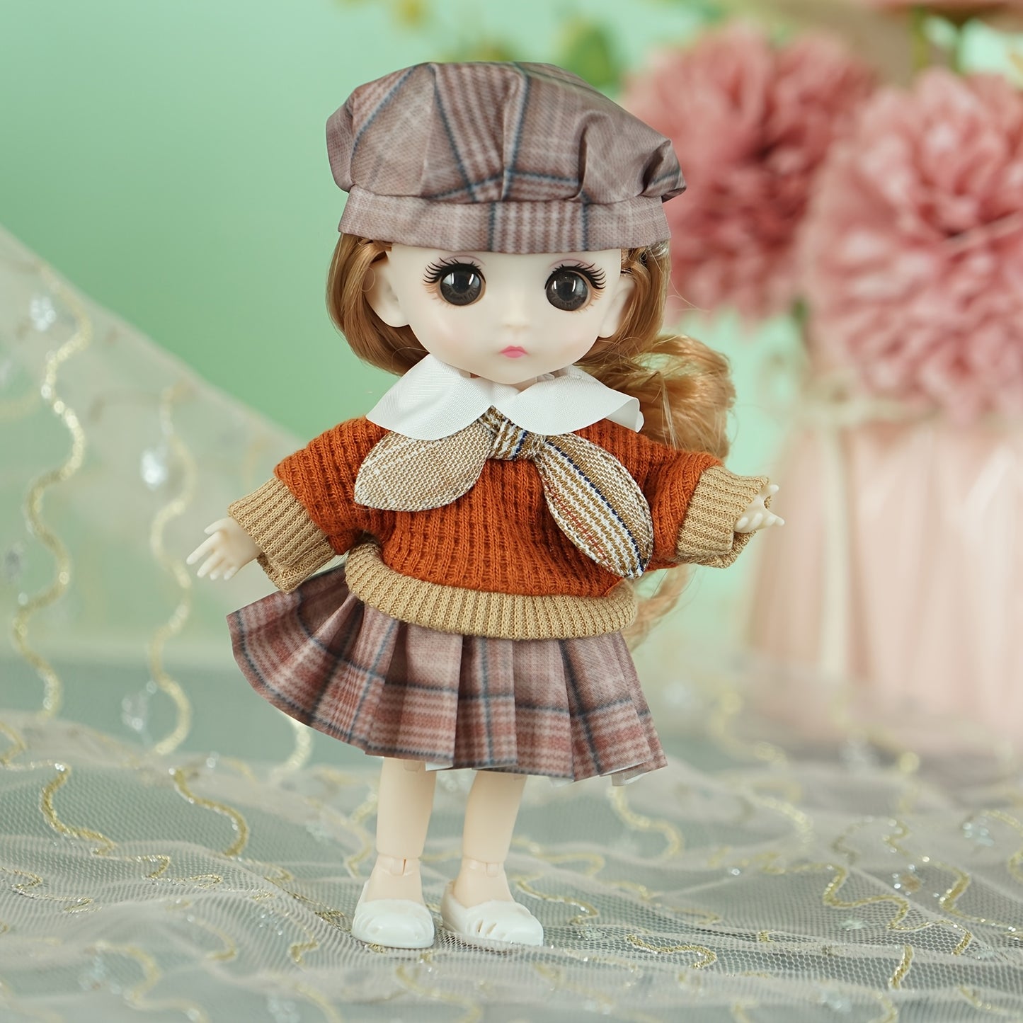 Pink fashion doll for girls with removable clothes, PVC material, articulated joints, plaid skirt, sweater design, perfect birthday gift.