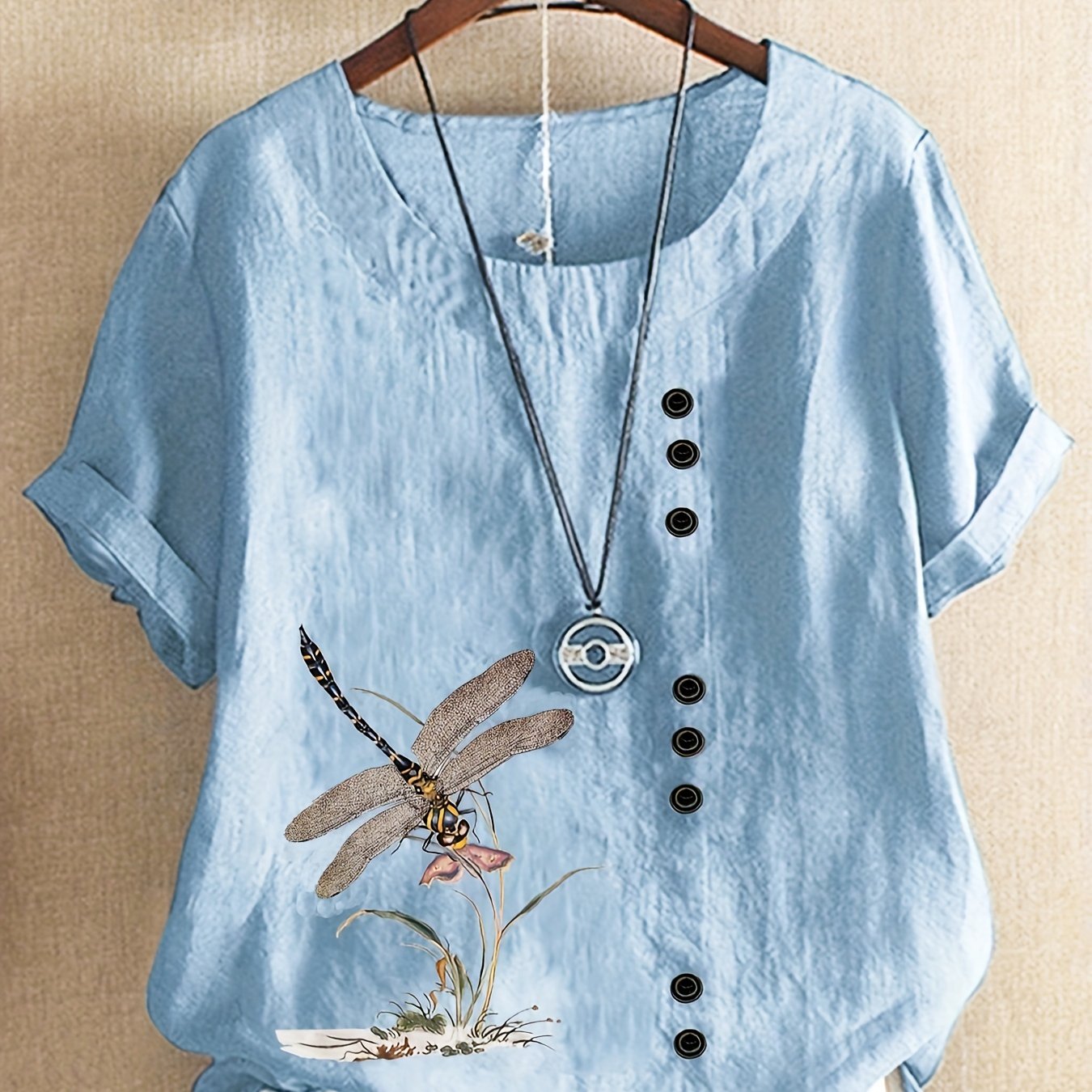 New style casual loose linen printed short-sleeve pullover shirt for plus-size women.