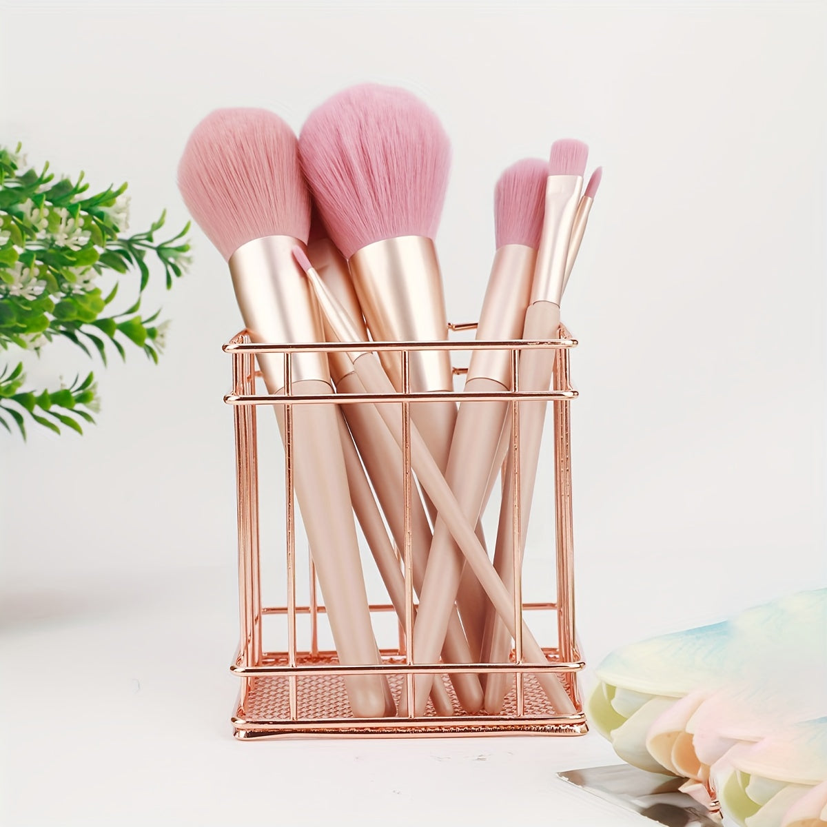 Golden Iron Makeup Brush Holder with Polished Finish, Rust Resistant, Multi-functional Desktop Organizer