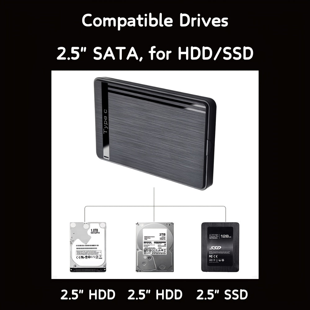 Portable external hard drive enclosure with USB3.1 Type-C interface and brushed surface craftsmanship.