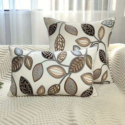 Leaf embroidered canvas throw pillow cover with zipper, machine washable, for modern living room and bedroom decor.