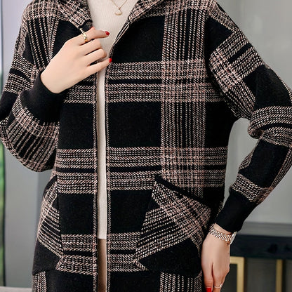 Women's Casual Plaid Hoodie Jacket - Loose Fit with Pockets, Long Sleeve Spring/Fall Outerwear, Black & White Polyester Blend, Machine Washable, Zip Up Hoodie