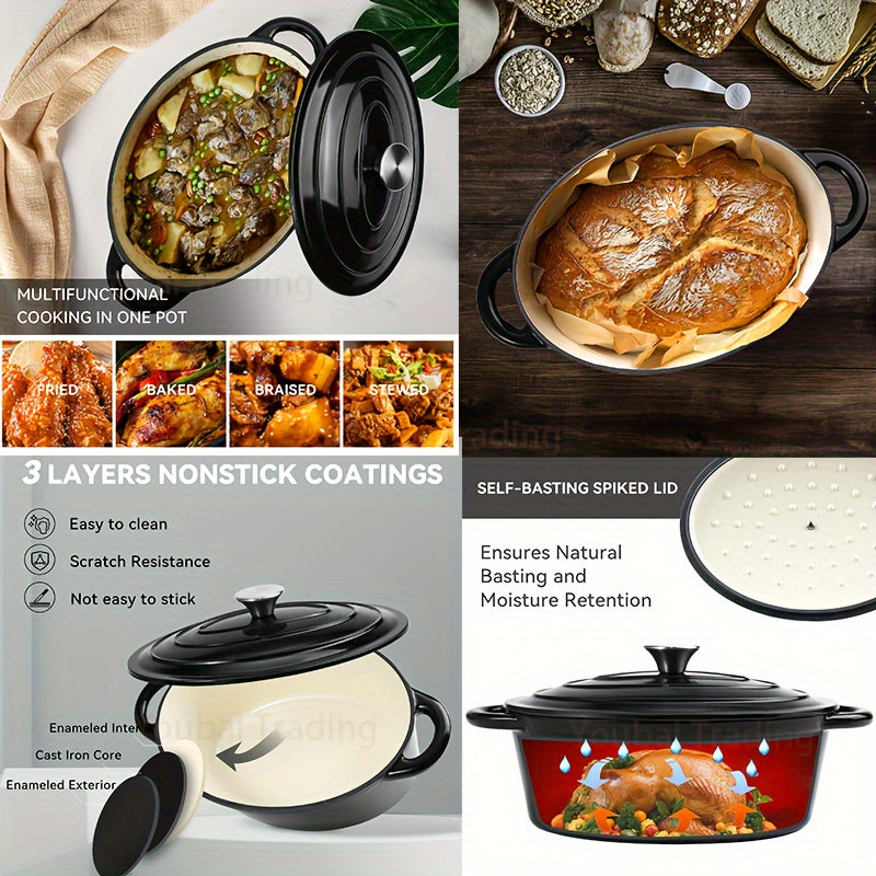 Durable Enamel Oval Dutch Oven Featuring a Self-Basting Lid - Nonstick Design Made from Cast Iron for Versatile Cooking and Baking. Multipurpose Casserole Dish with Convenient Double Handles, Resistant to Scratches and Simple to Maintain and Clean.