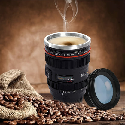 Stainless steel camera lens coffee mug with retractable lid, realistic SLR design. BPA-free ABS plastic. Ideal gift for photographers. Multipurpose travel cup. Hand wash only. Novelty drinkware.